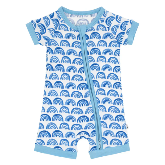 (Custom Design Preorder MOQ 5 ) Rainbow Blue Print Baby Summer Zipper Sleeper Romper