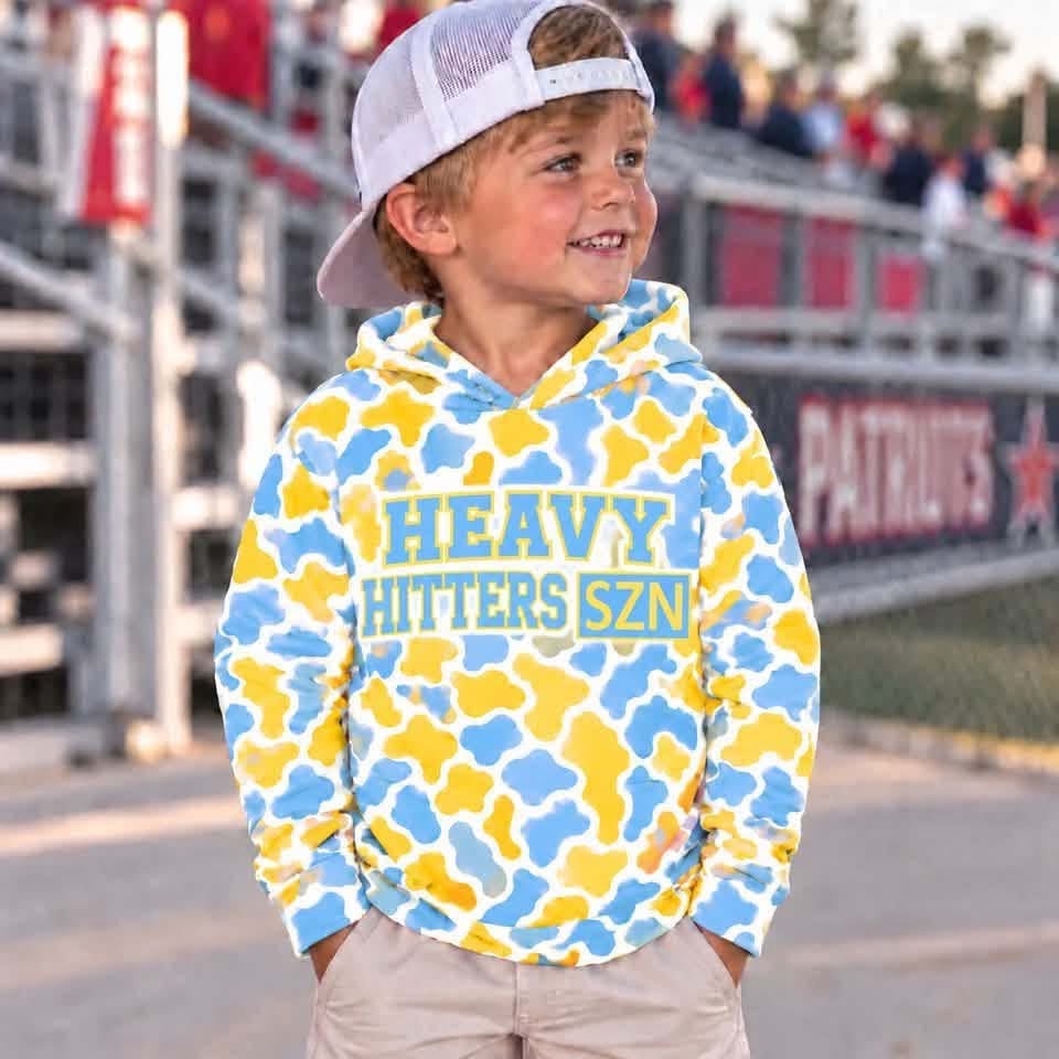 (Custom Design Preorder MOQ 5)  Heavy Sport Team  Blue Yellow  Camo Print Boys  Hoodie Top