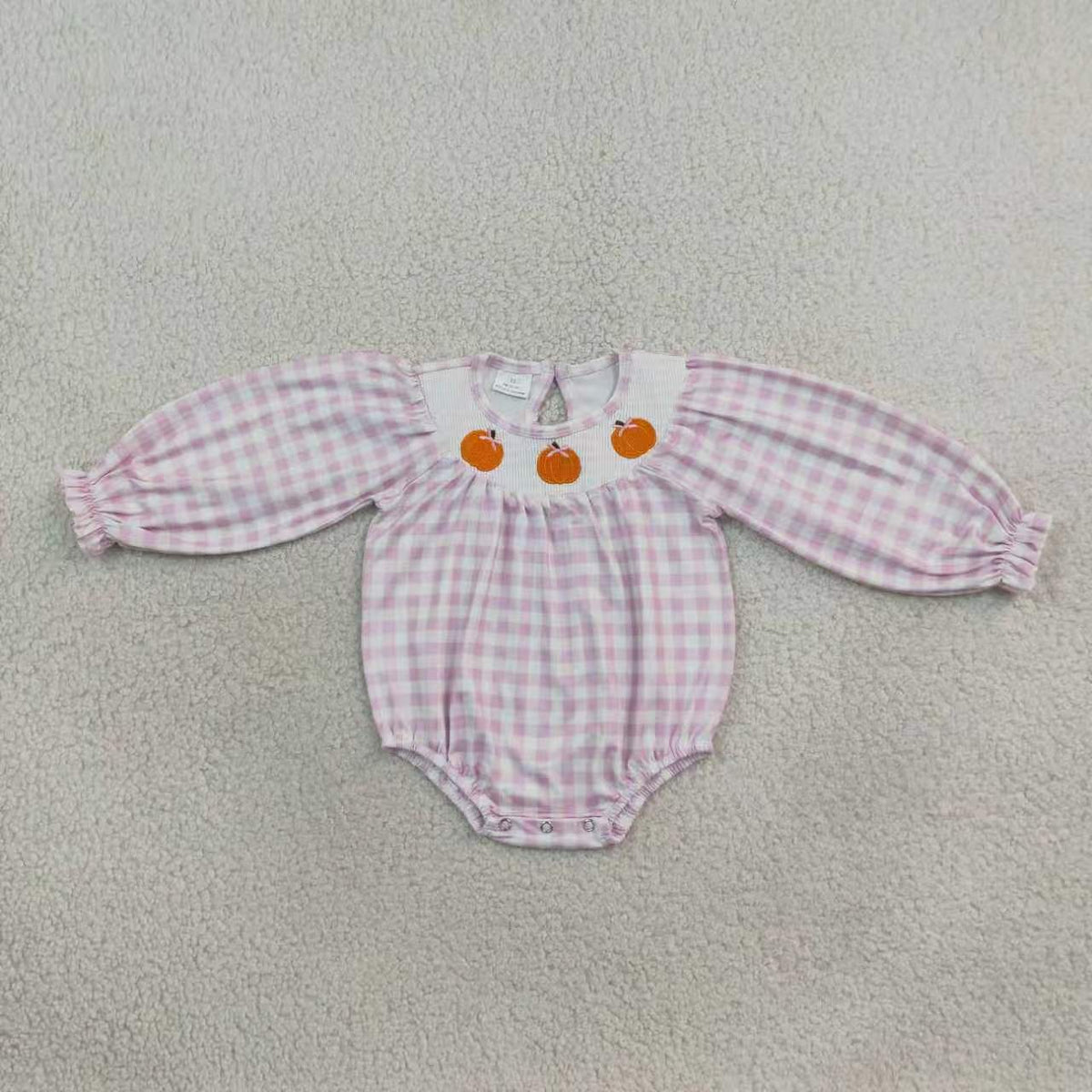 Sibling Baby Girls  Embroidery Pumpkin Gingham Long Sleeve Smocked Dress and Bubble Romper