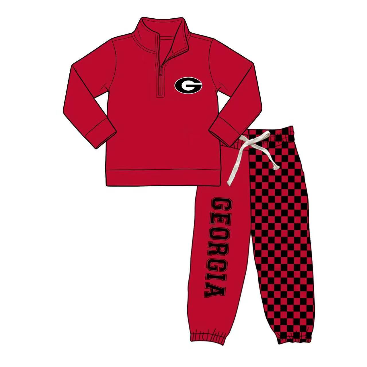 (Custom Design Preorder MOQ 5) Teams Georgia Red Zipper Pullover Top Joggers Pants Boys Fall Clothes Set