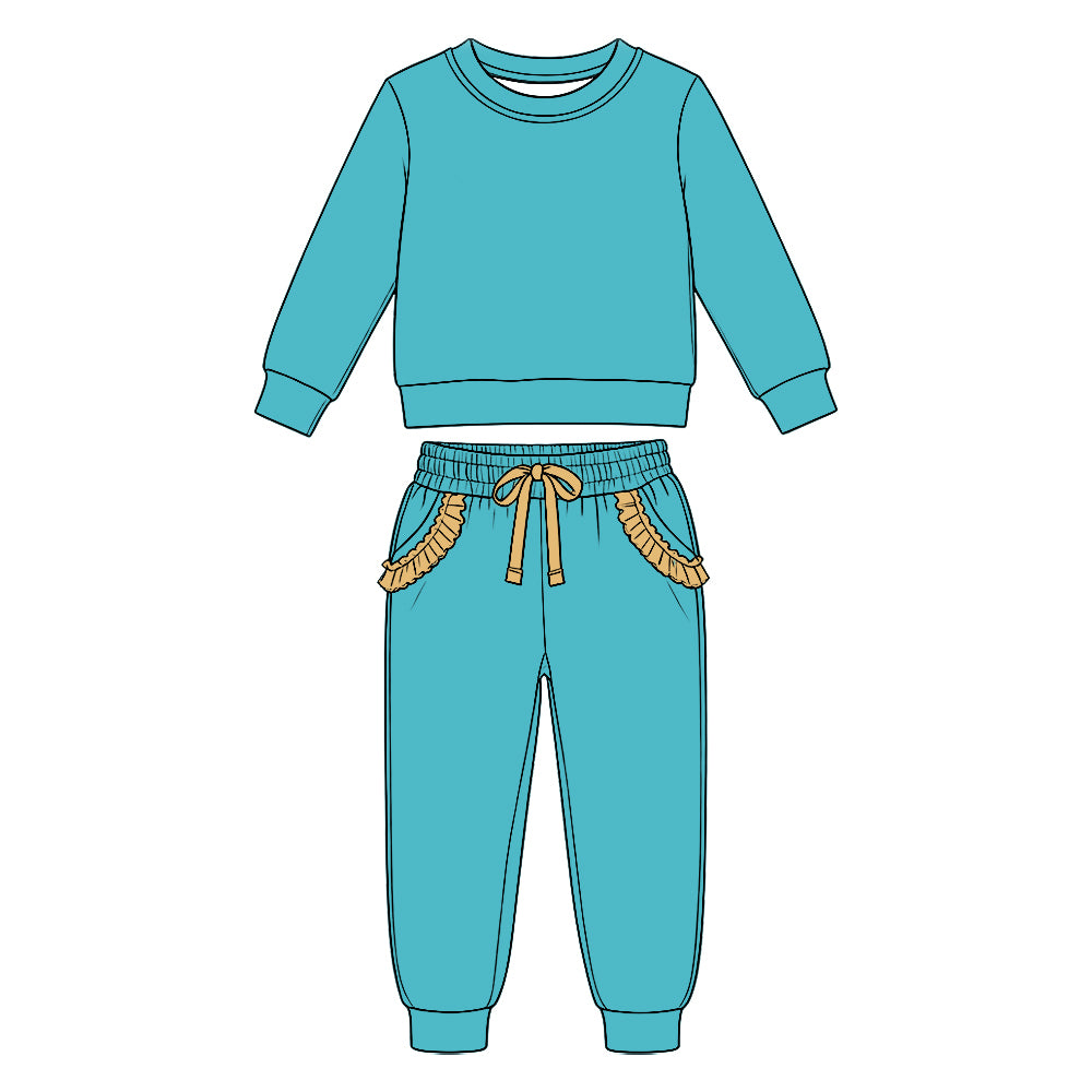 (Custom Design Preorder MOQ 5 Each) Solid Color Cotton Long Sleeve Top Ruffle Pants Girls Princess Clothes Set Sisters Wear