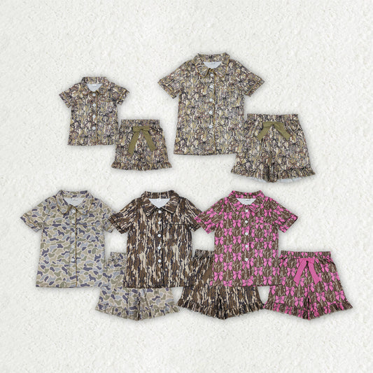 Sibling Family Mama Girls Southern Camo Bows Button Pocket Ruffle Shorts Pajamas Sets