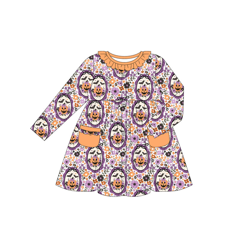 (Custom Design Preorder MOQ 5)  Pumpkin Flowers Bows Print Girls Halloween Long Sleeve Pockets Dress