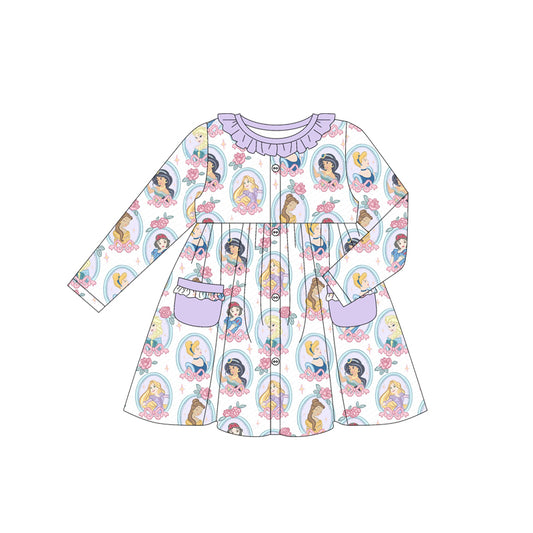 (Custom Design Preorder MOQ 5)  Cartoon Princess Flowers Bows Print Girls Long Sleeve Pockets Dress