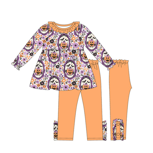 (Custom Design Preorder MOQ 5) Pumpkin Flowers Bows Tunic Top Legging Pants Girls Halloween Clothes Set