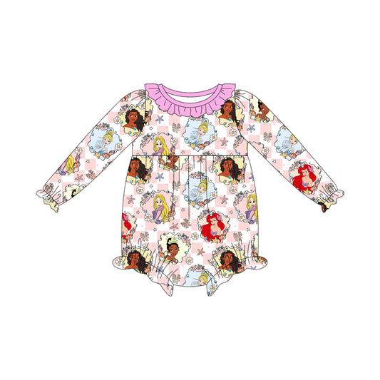 (Custom Design Preorder MOQ 5 ) Cartoon Princess Flowers Plaid Print Baby Girls Long Sleeve Romper