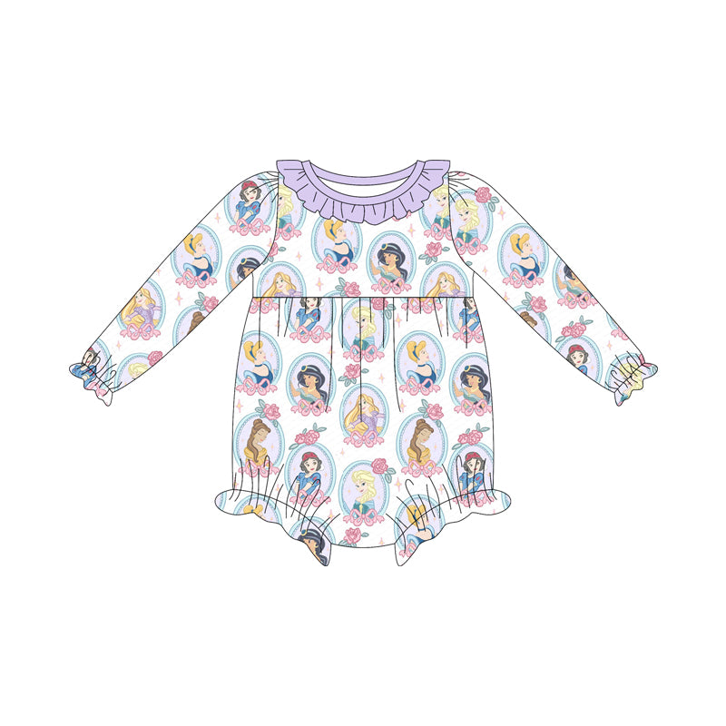(Custom Design Preorder MOQ 5 ) Cartoon Princess Flowers Bows Print Baby Girls Long Sleeve Romper