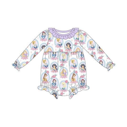 (Custom Design Preorder MOQ 5 ) Cartoon Princess Flowers Bows Print Baby Girls Long Sleeve Romper