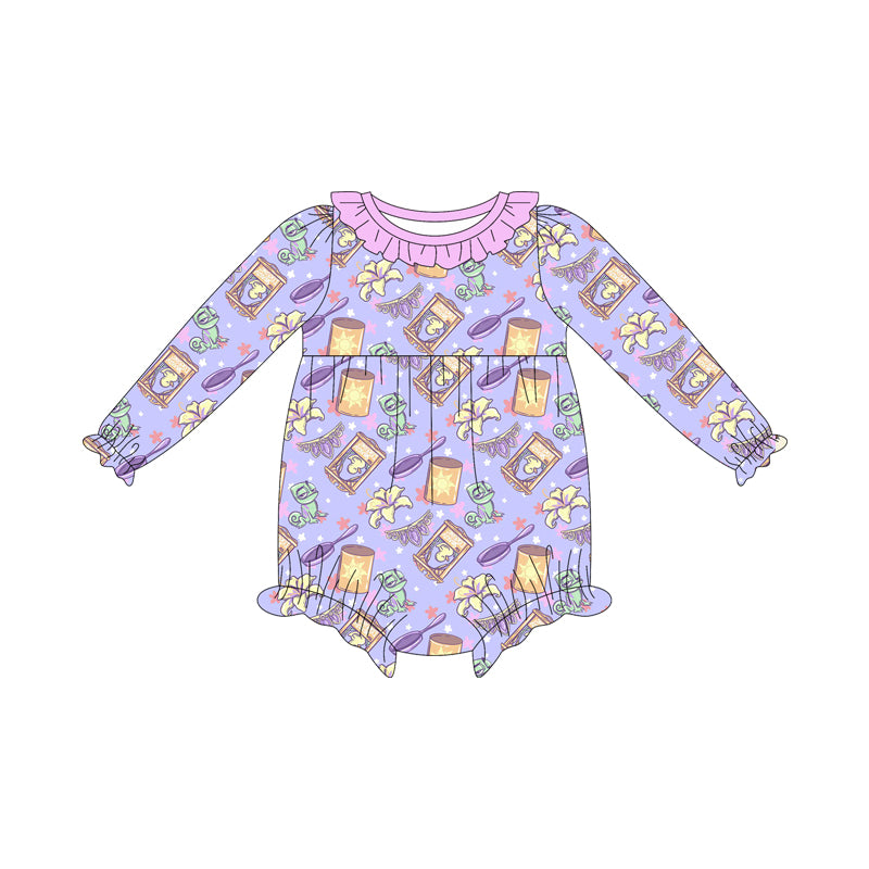 (Custom Design Preorder MOQ 5 ) Cartoon Princess Rapunze* Purple Print Baby Girls Long Sleeve Romper