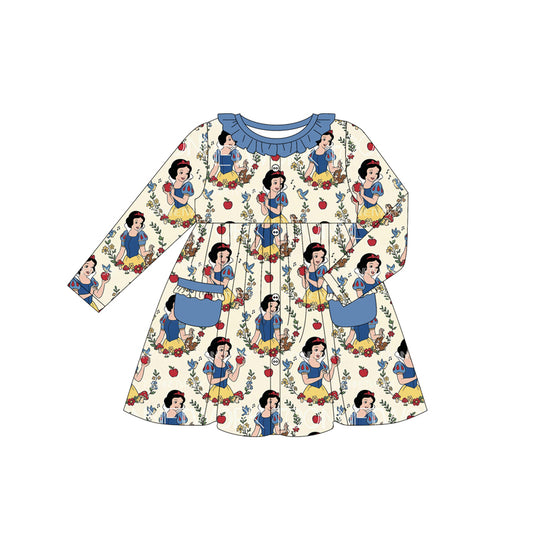 (Custom Design Preorder MOQ 5)  Cartoon Princess Apple Print Girls Long Sleeve Pockets Dress