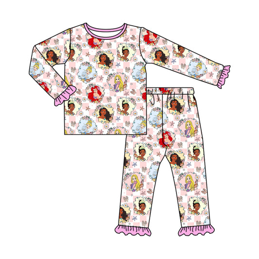 (Custom Design Preorder MOQ 5) Cartoon Princess Flowers Plaid Print Girls Pajamas Clothes Set