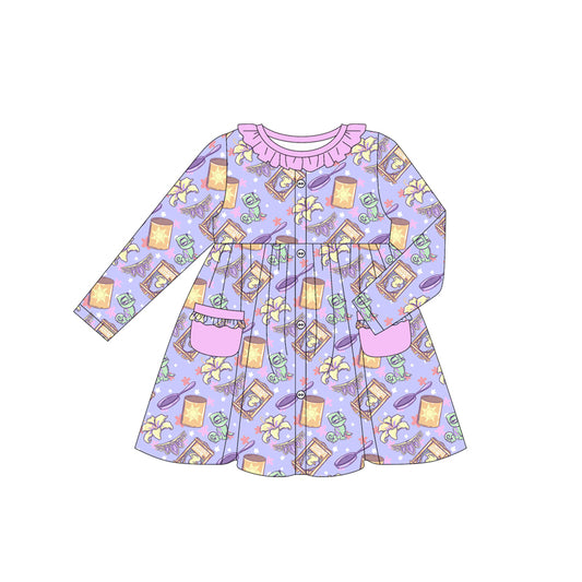 (Custom Design Preorder MOQ 5)  Cartoon Princess Rapunze* Purple Print Girls Long Sleeve Pockets Dress