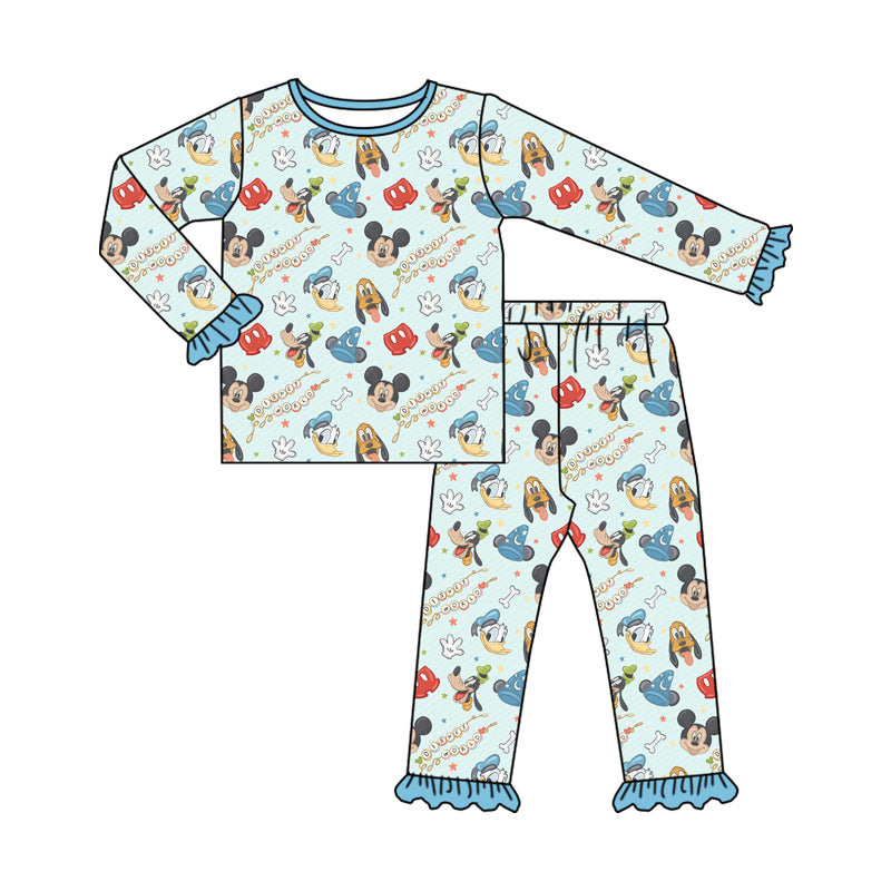 (Custom Design Preorder MOQ 5) Cartoon Mouse Blue Print Girls Pajamas Clothes Set