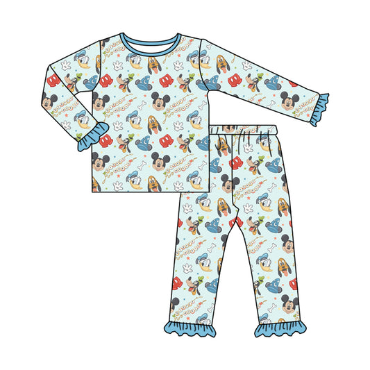 (Custom Design Preorder MOQ 5) Cartoon Mouse Blue Print Girls Pajamas Clothes Set