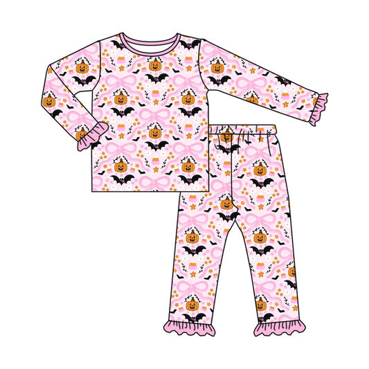 (Custom Design Preorder MOQ 5) Pumpkin Candy Bows Pink Print Girls Halloween Pajamas Clothes Set