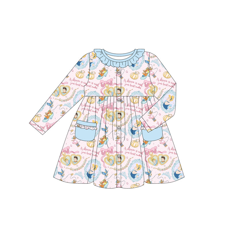 (Custom Design Preorder MOQ 5)  Cartoon Princess Pumpkin Print Girls Long Sleeve Pockets Dress