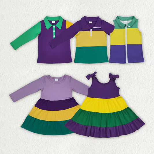 Sibling Baby Kids Mardigras Polo Shirts Knee Length Dresses