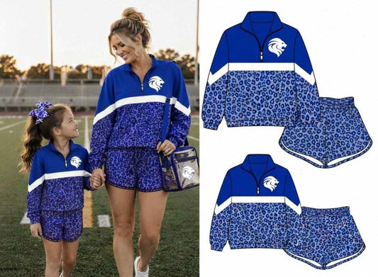 (Custom Design Preorder MOQ 5) Teams Bismarck Lions Blue Leopard Long Sleeve Zipper Top Shorts Mommy and Me Outfits