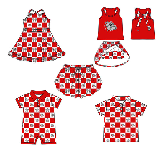 (Custom Design Preorder MOQ 5 Each Item) Teams Bulldogs Red Plaid Print Kids Clothes Sibling & Family Matching Styles
