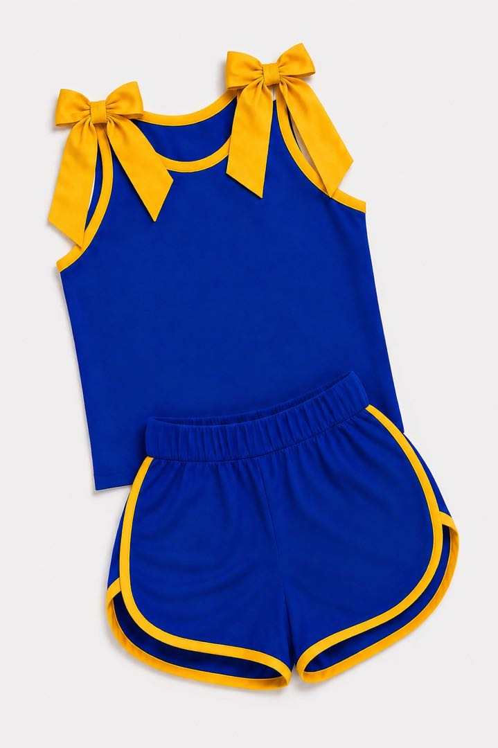 (Custom Design Preorder MOQ 5) Teams Yellow Bows Top Blue Shorts Mommy and Me Summer Yoga Clothes Set