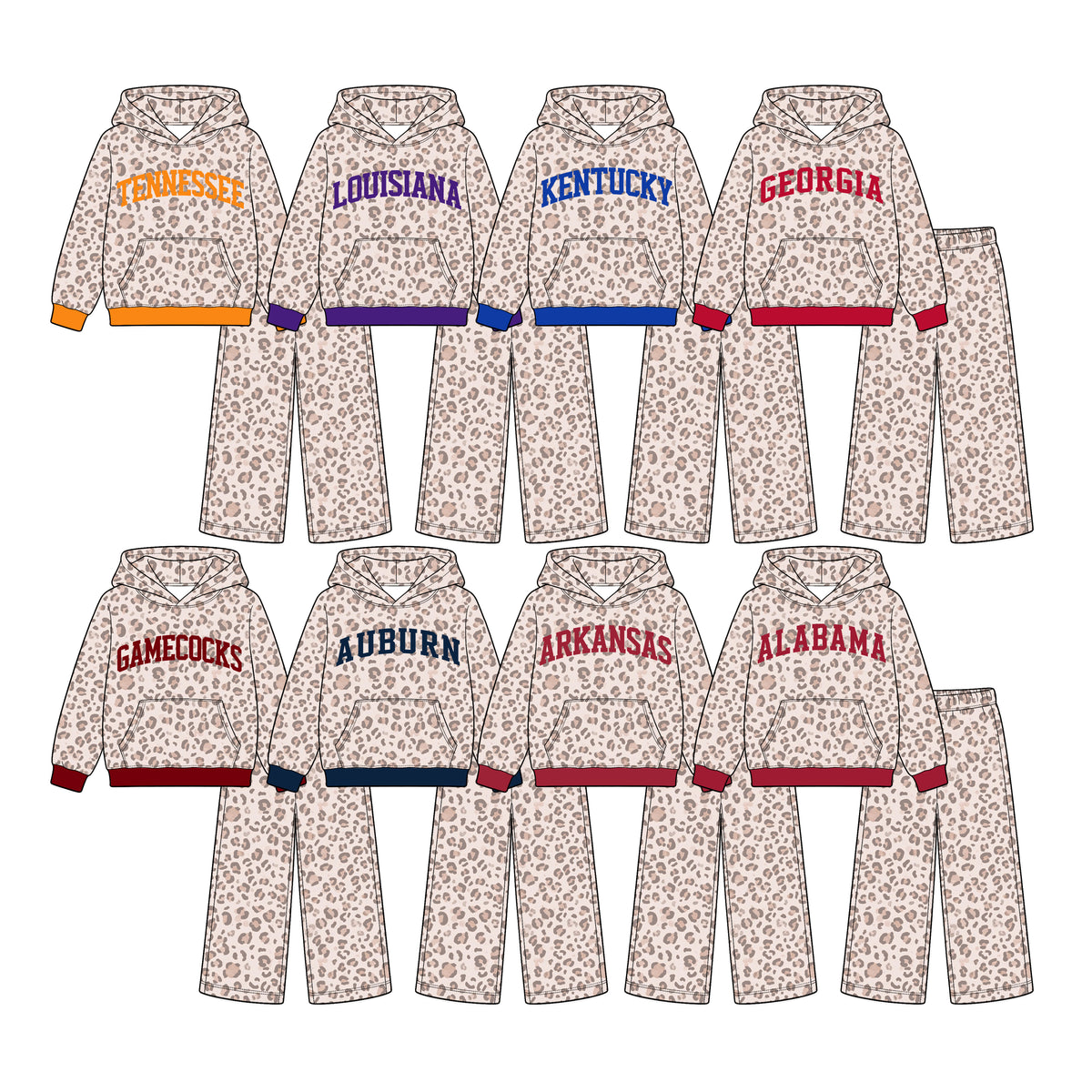 (Custom Design Preorder MOQ 5 Each) Teams Leopard Print Hoodie Top Pockets Pants Girls Clothes Set Sisters Wear