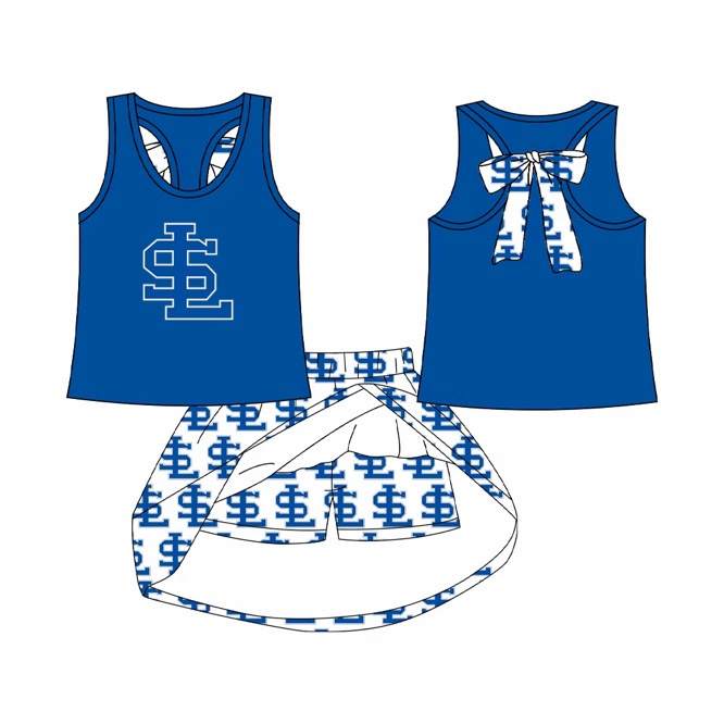 (Custom Design Preorder MOQ 5) Baby Girls Blue SL Back Bow Top Skirt Shorts Team Clothes Sets