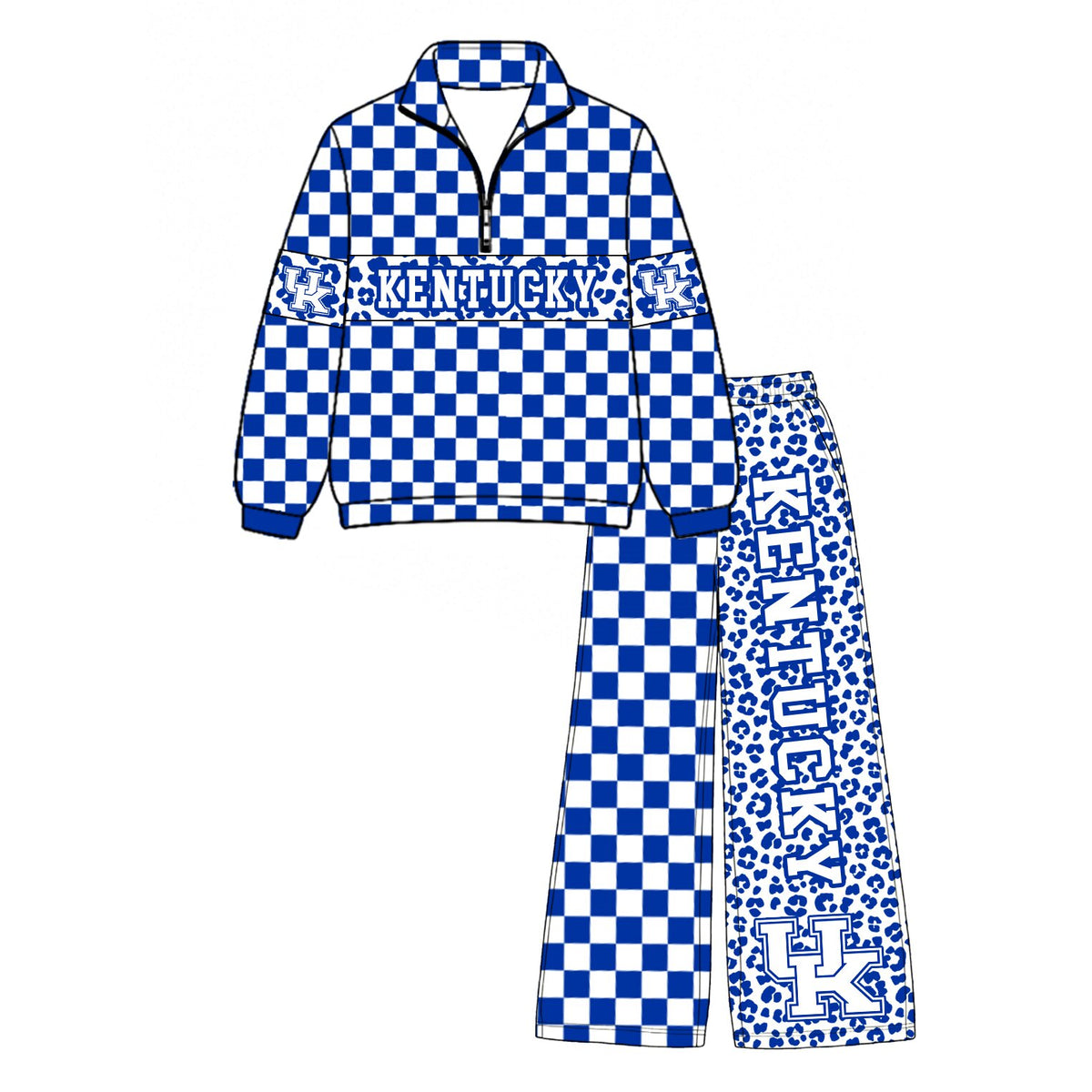 (Custom Design Preorder MOQ 5 Each)Teams Leopard Checkered Print Long Sleeve Zipper Top Split Pants Girls Clothes Set Sisters Wear