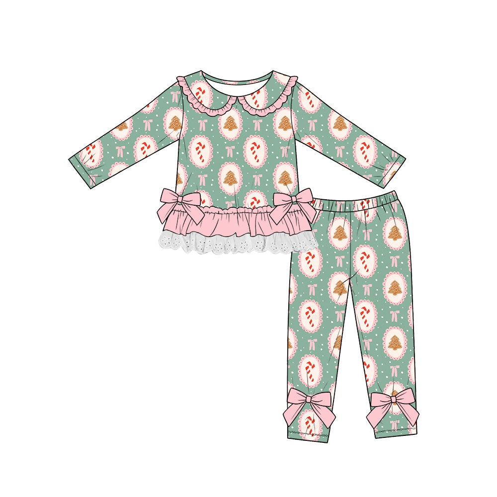 (Custom Design Preorder MOQ 5) Gingerbread Candy Bows Ruffle Top Legging Pants Girls Christmas Clothes Set
