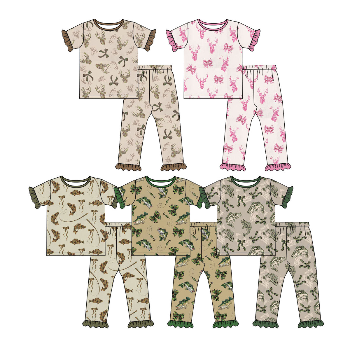 (Custom Design Preorder MOQ 5 Each) Fish Deer Camo Print Ruffle Girls Hunting Pajamas Clothes Set Sisters Wear