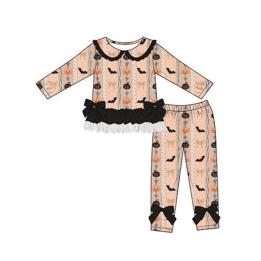 (Custom Design Preorder MOQ 5) Pumpkin Bows Bat Ruffle Top Legging Pants Girls Halloween Clothes Set