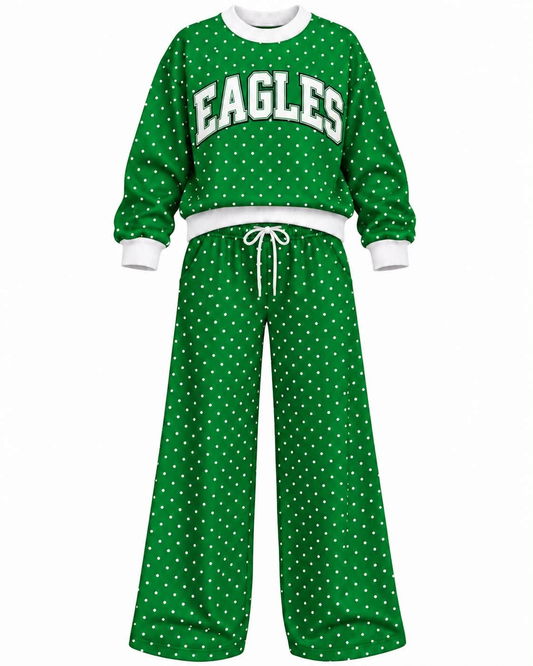 Preorder( 5  MOQ) Baby Girls  Eagles Green Polka Dot Outfit