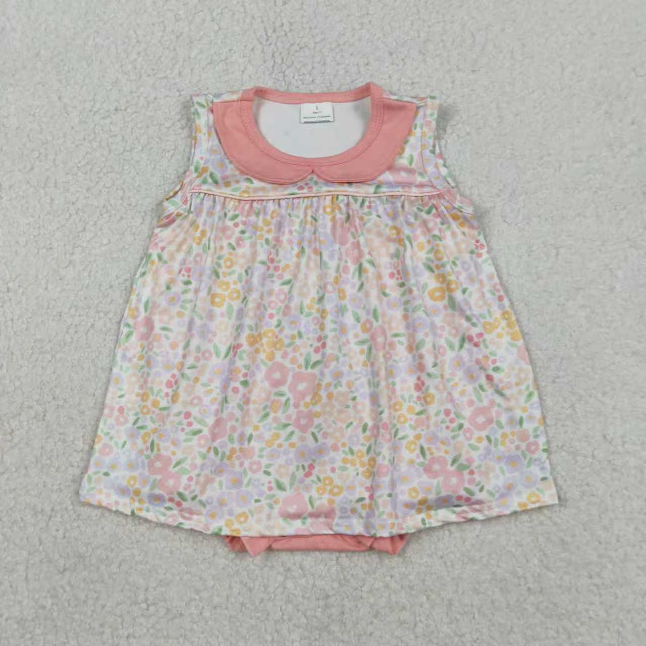 Sibling Baby Girls Sleeveless Peach Flowers Collar Knee Length Dress Tunic Ruffle Rompers