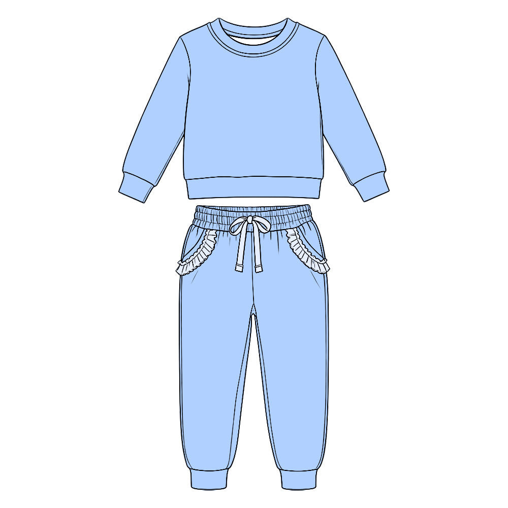 (Custom Design Preorder MOQ 5 Each) Solid Color Cotton Long Sleeve Top Ruffle Pants Girls Princess Clothes Set Sisters Wear