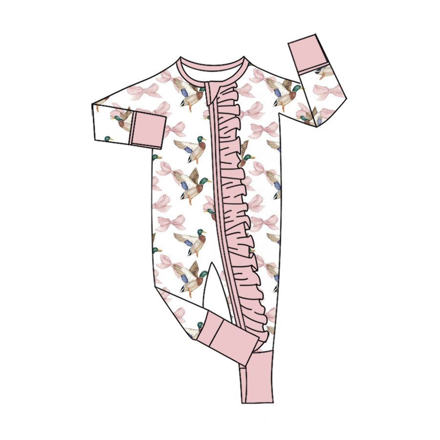 (Custom Design Preorder MOQ 5 ) Mallard Duck Bows Print Baby Girls Fall Zipper Sleeper Romper