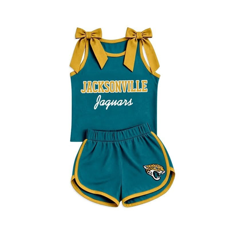 (Custom Design Preorder MOQ 5) Teams JAGUARS Bows Vest Top Shorts Girls Summer Clothes Set