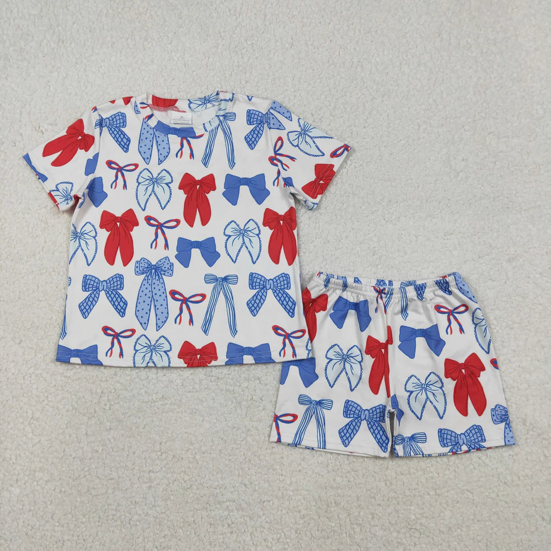 GSSO2772 Baby Girls Blue Red Bows Top Shorts 4th of July Pajamas Outfit