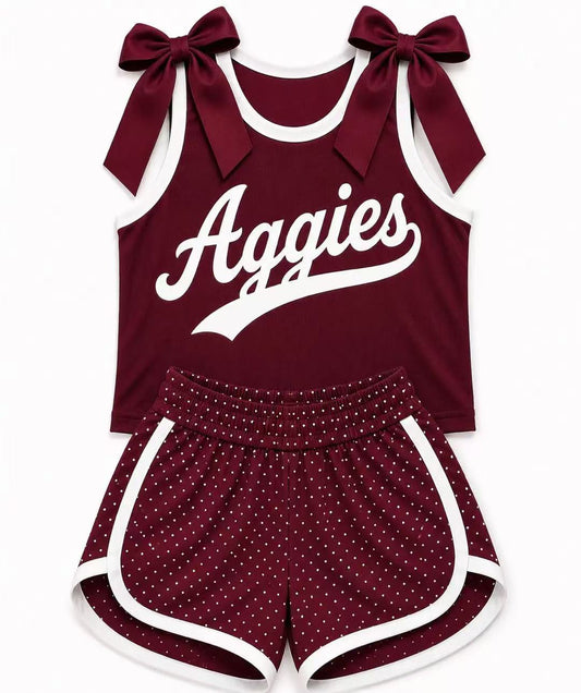 (Custom Design Preorder MOQ 5) Girls Maroon Bow Strap Aggies Tank  & Shorts Sport Team Outfit