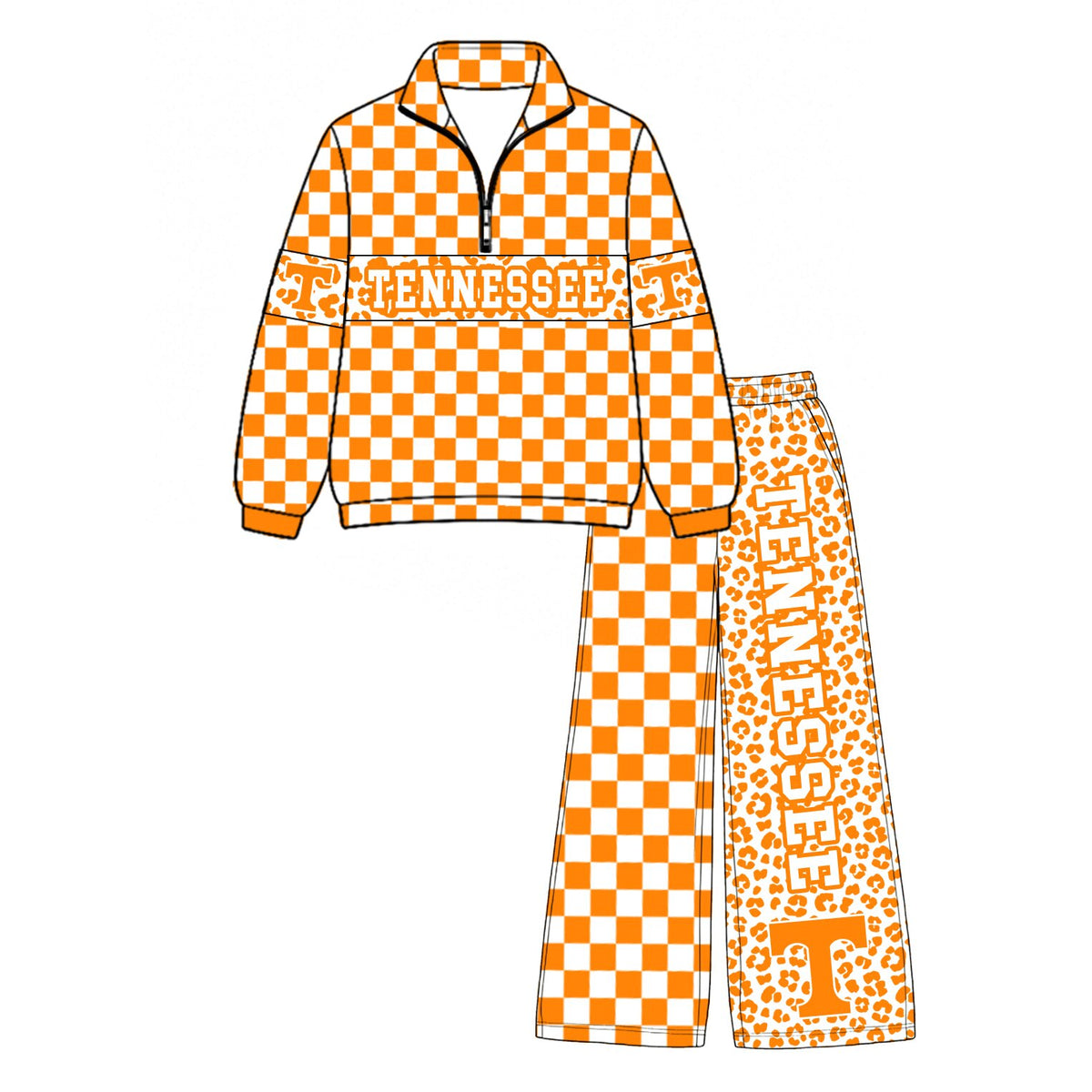 (Custom Design Preorder MOQ 5 Each)Teams Leopard Checkered Print Long Sleeve Zipper Top Split Pants Girls Clothes Set Sisters Wear