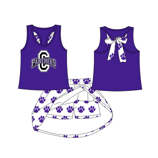 (Custom Design Preorder MOQ 5) Girls  Sport  Team Panters Purple Tank  Top With Skort Set