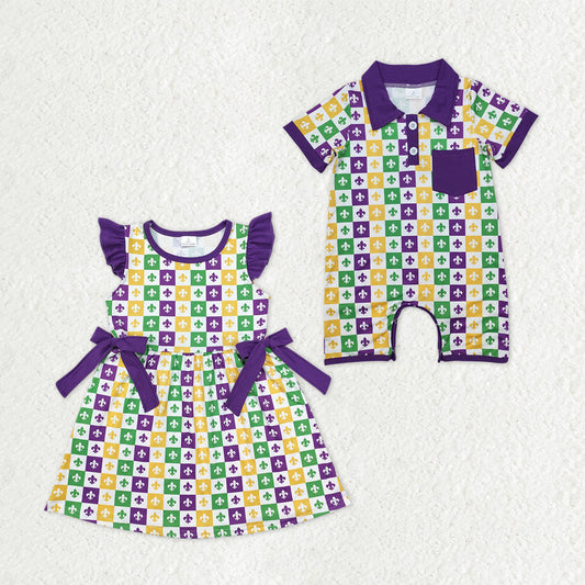 Sibling Baby Boys Girls Mardigras Anchors Checked Bows Knee Length Dress Pocket Rompers