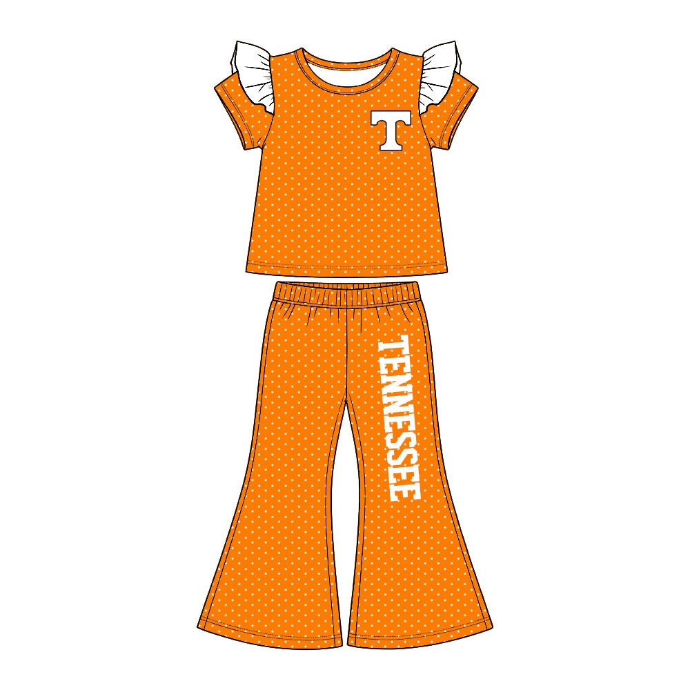 (Custom Design Preorder MOQ 5 Each)Teams Logo Dots Print Short Sleeve Top Bell Pants Girls Clothes Set Sisters Wear