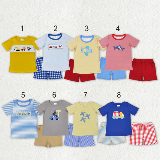 Sibling Baby Boys Embroidery Cars Planes Top Pockets Short Clothes Sets 3-6M to 7-8T
