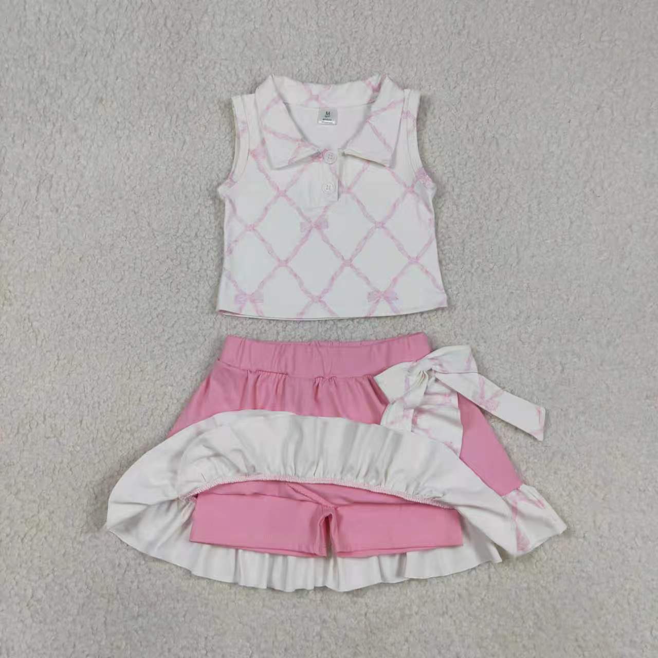Sibling Baby Girls Bow Print Sleeveless Polo Top with Skort Active Outfit