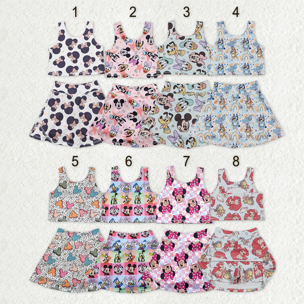 Sibling Baby Girls Cartoon Vest Top Skirt Shorts Yoga Activity Wear Clothes Sets