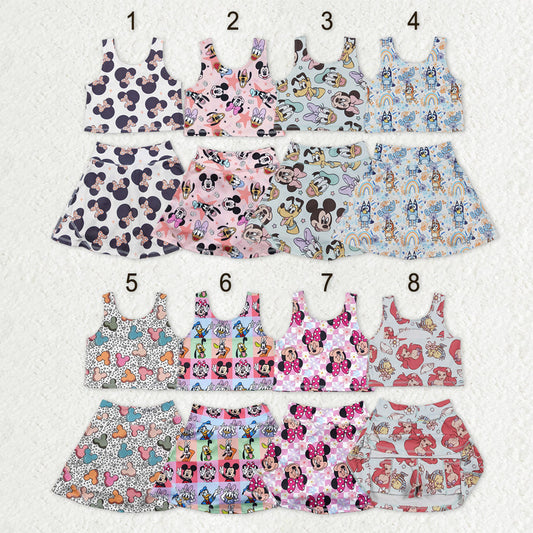 Sibling Baby Girls Cartoon Vest Top Skirt Shorts Yoga Activity Wear Clothes Sets
