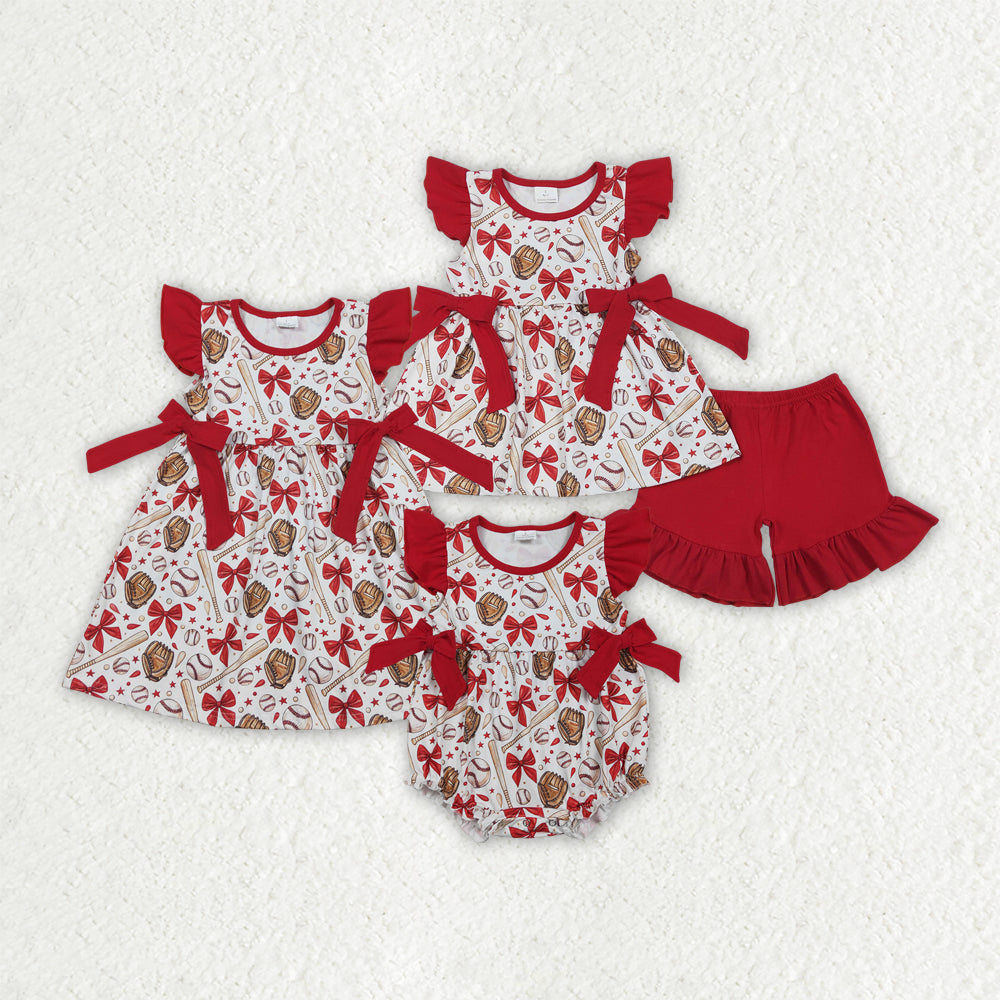 Sibling Baby Girls Red Bows Baseballs Tunic Ruffle Shorts Team Clothes Set Knee Length Dress Rompers