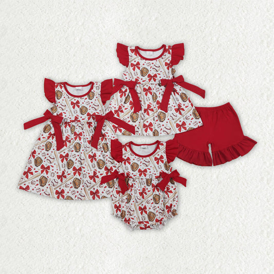 Sibling Baby Girls Red Bows Baseballs Tunic Ruffle Shorts Team Clothes Set Knee Length Dress Rompers