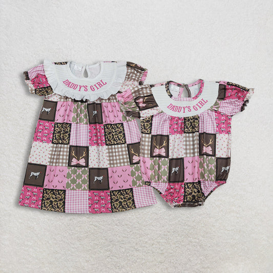 Sibling Smocked Daddy's Girl Bows Deer Checked Hunting Knee Length Dress Ruffle Rompers