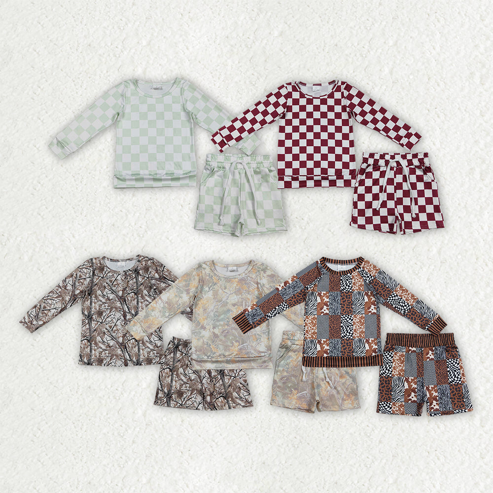 Sibling Baby Girls Long Sleeve Checked Camo Print Top Shorts Pajamas Clothes Sets