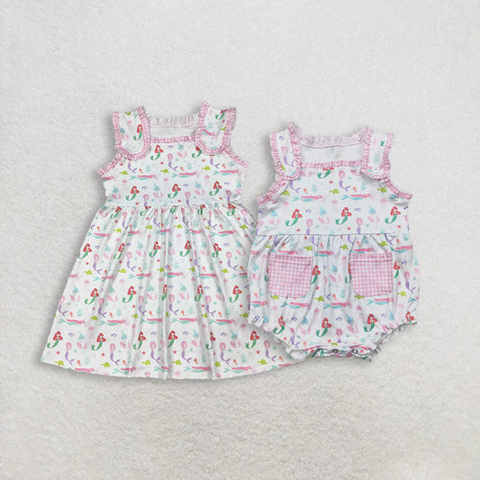 Sibling Baby Girls Sleeveless Mermaid Fishes Knee Length Dress Rompers